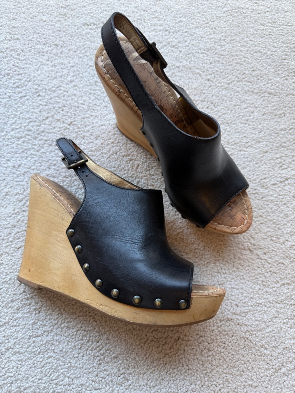 Black Leather Slingback Wedge Sandals